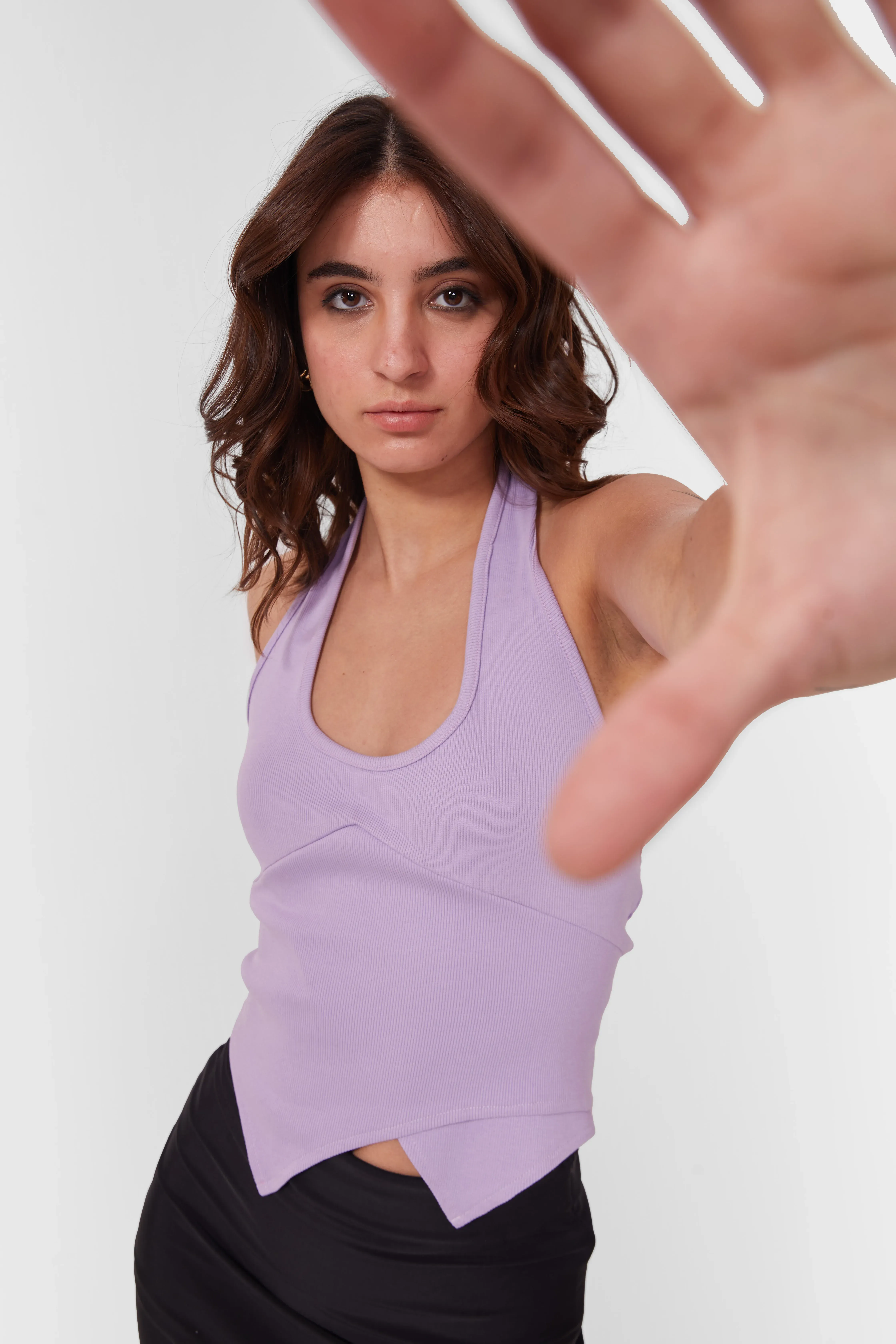 Solid Halter Neck Hanky Hem Top - NEWME