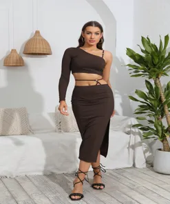 Brown Oneshoulder Slit Co Ord Set