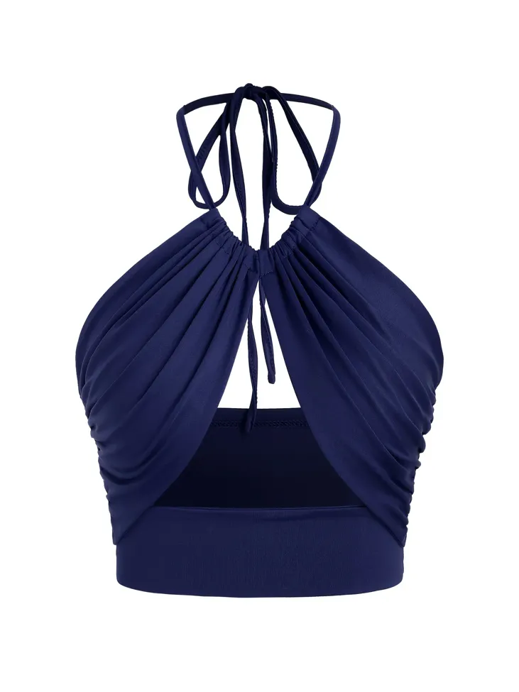 Navy Blue Halter Neck Cut-Out Crop Top - Image 1