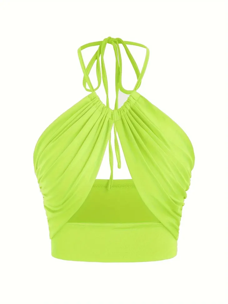 Neon Green Halter Neck Cut-Out Crop Top - Image 1