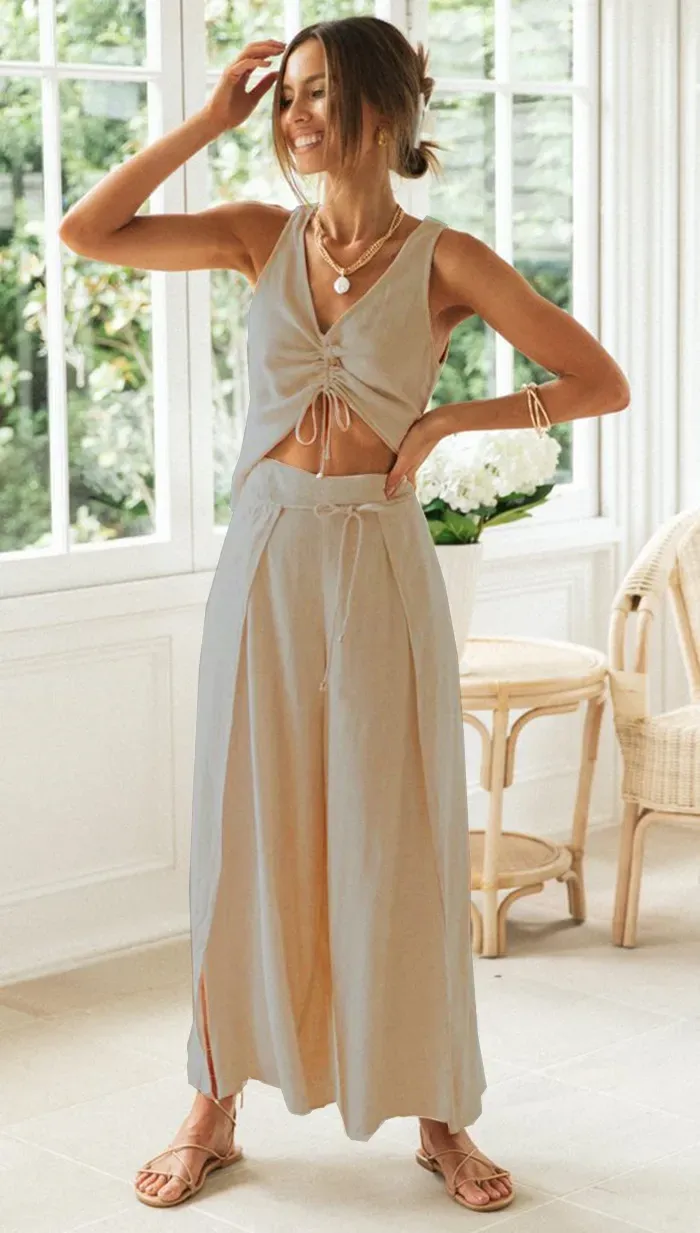 Front Tie Top And Relaxed Trousers Set - Image 1