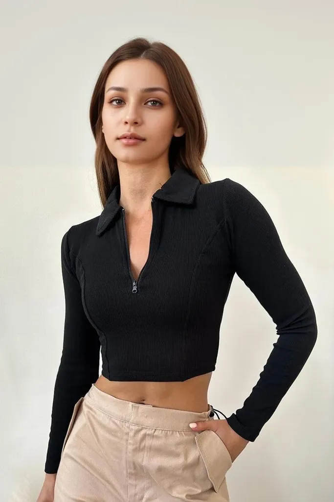 Collar Down Half Zip Fitted Top - Image 1