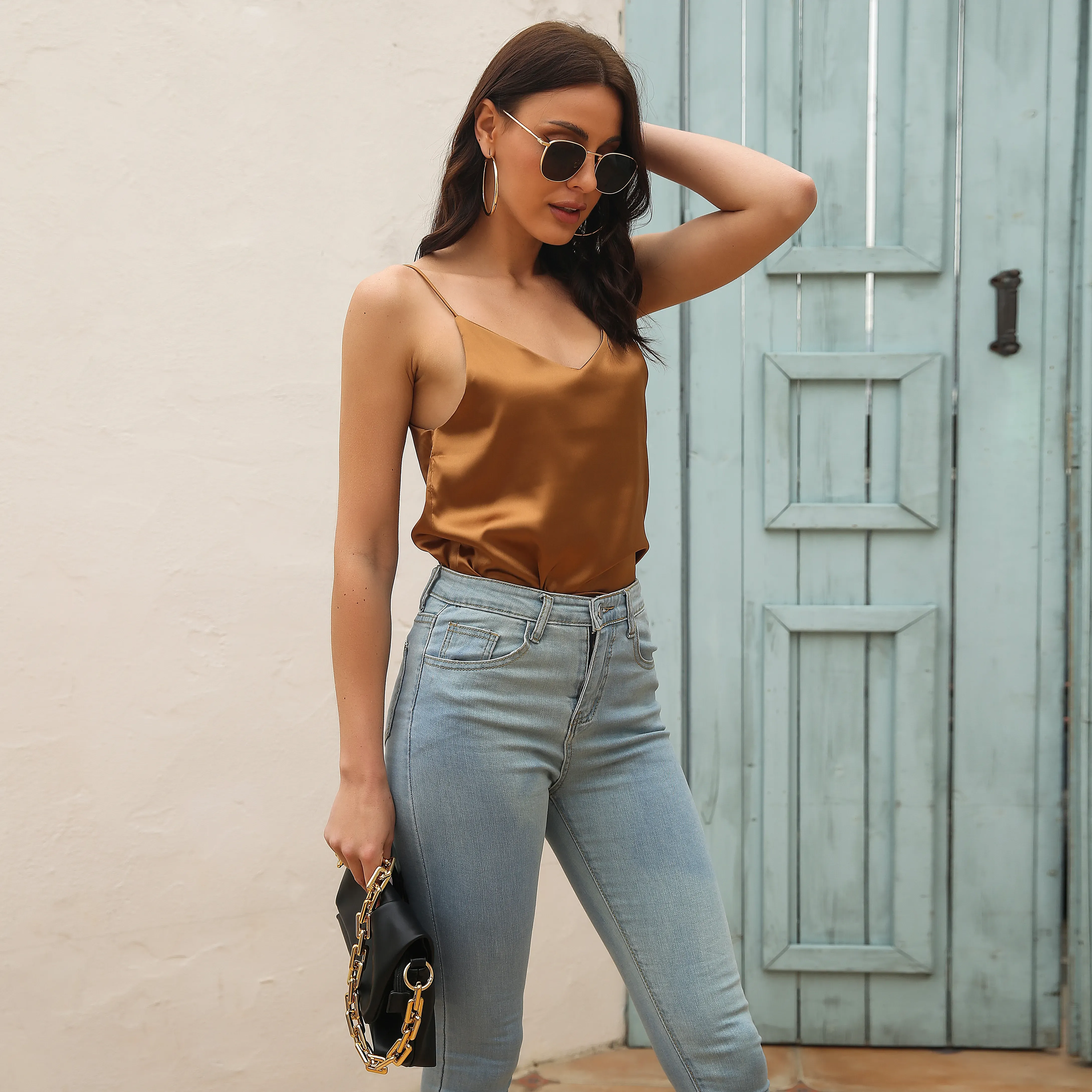 Brown Neck Solid Cami Top
