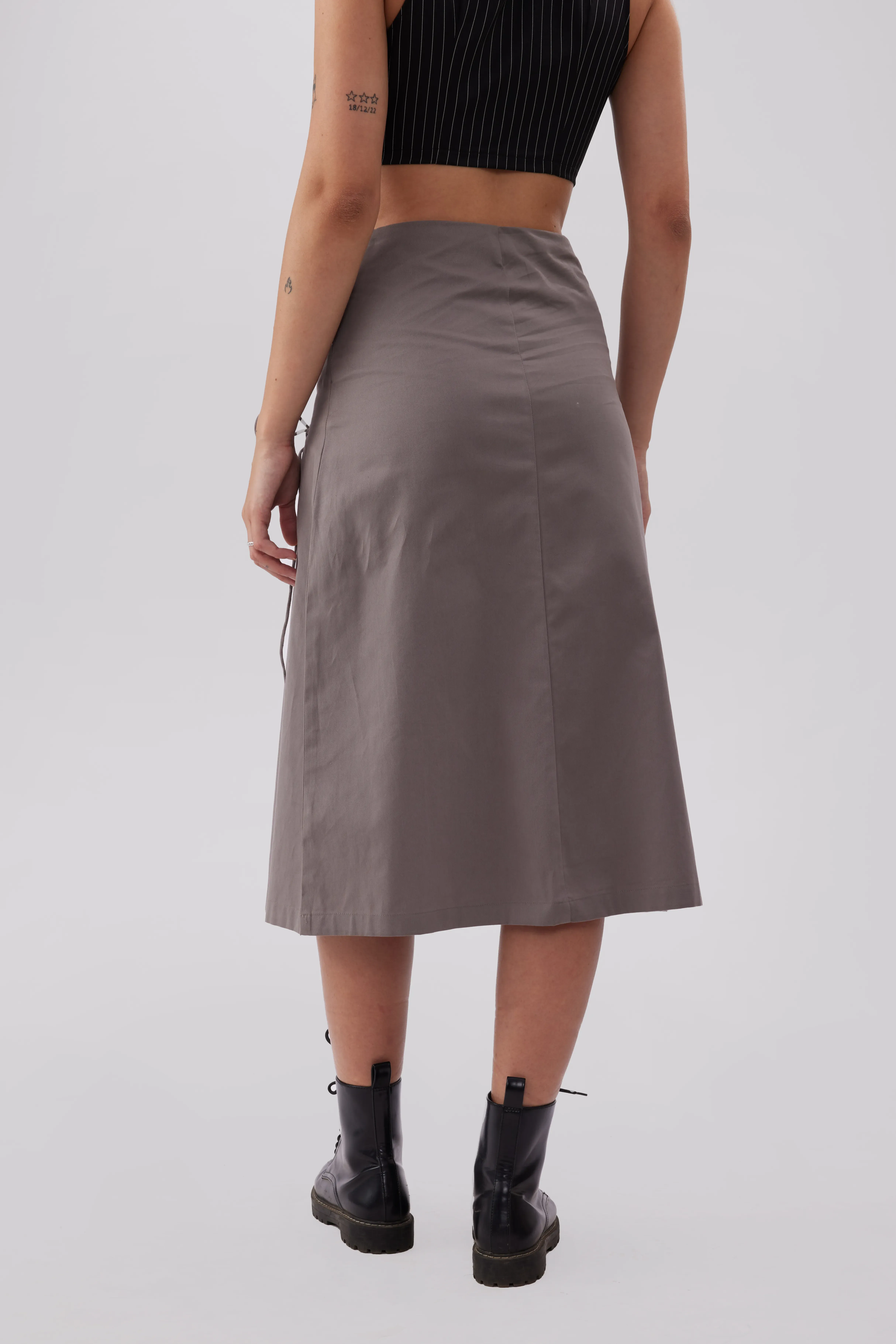 Grey Drawstring Pleated Midi Skirt - NEWME
