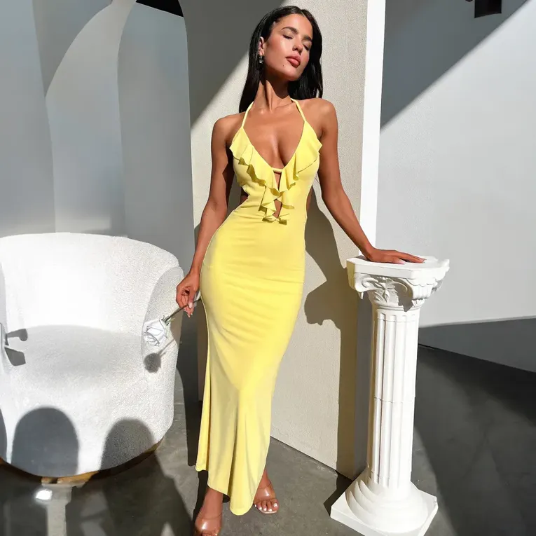 Yellow Halter Neck Bodycon Dress - Image 1