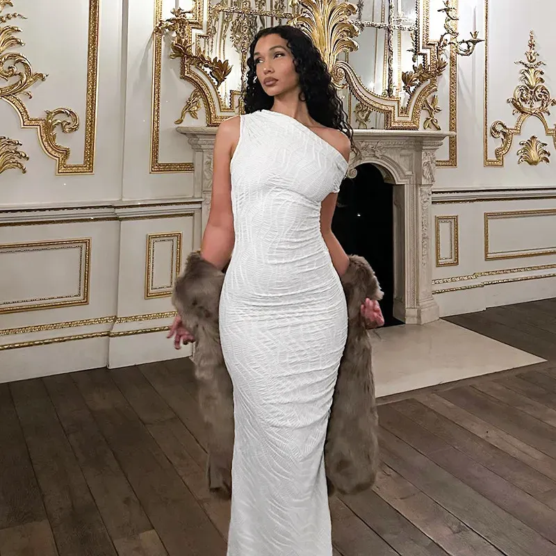 White Textured One Shoulder Dress - NEWME