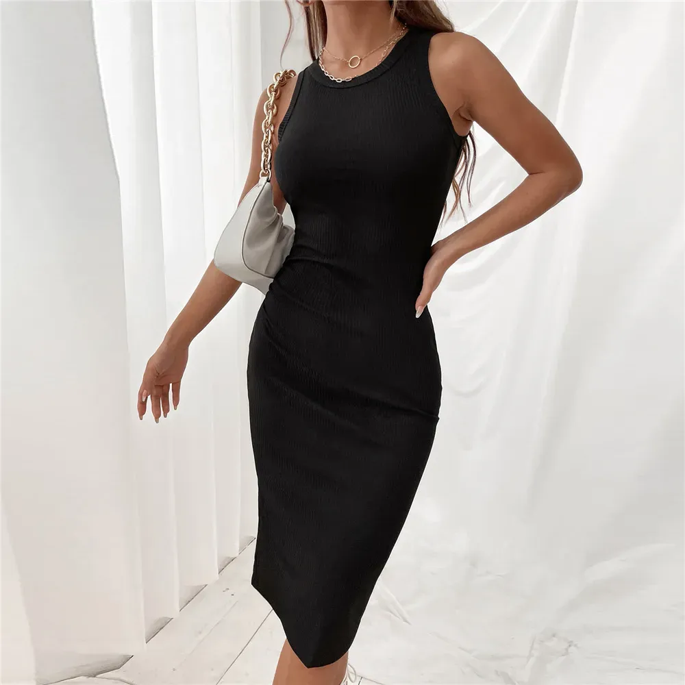 ワンピース ETMON Waist Ribbed Dress, Black Black Ribbed Bodycon Dress - NEWME