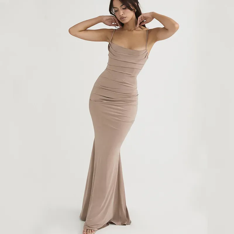 Brown Draped Mermaid Dress - NEWME 