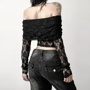 トップス S lace trim off shoulder tops BLACK Lace top OFF shoulder - D2LINE