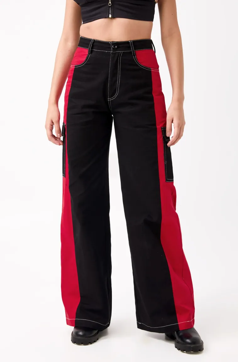 Red and Black Colour Block Trousers - Image 1