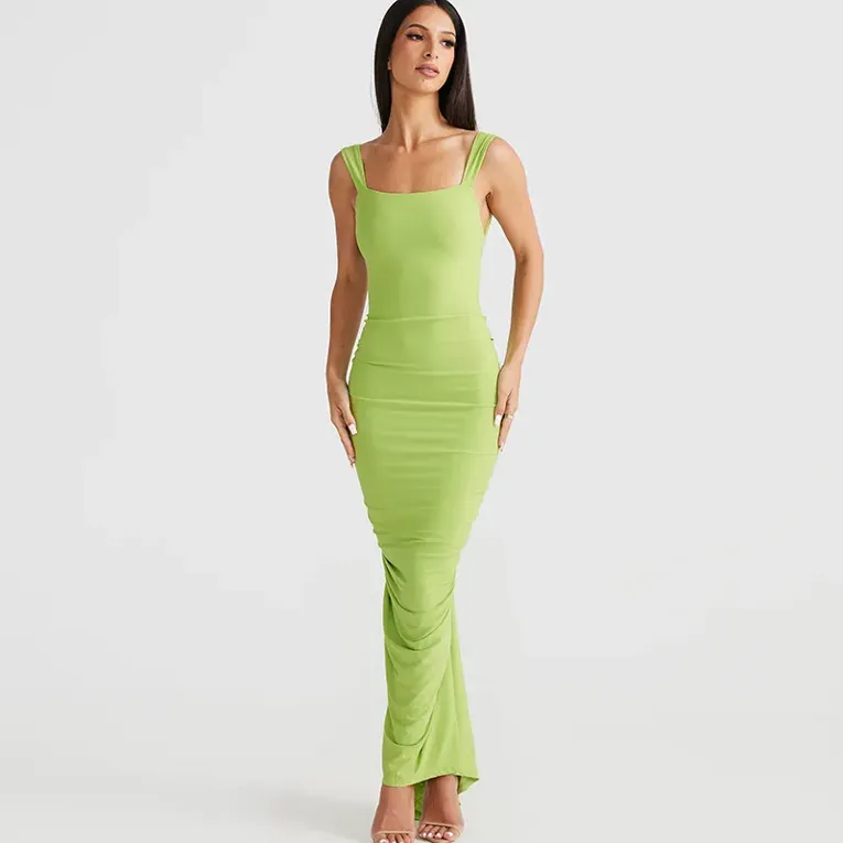 Lime Green Square Neck Ruched Bodycon Dress - Image 1