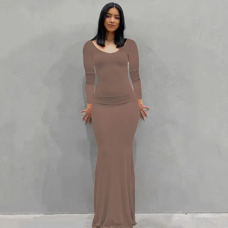 Solid Long Sleeve Bodycon Maxi Dress - Image 1