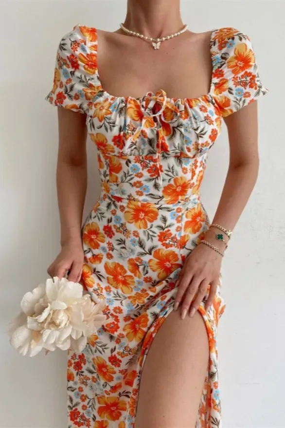 Orange Floral Print Shirred Fit and Flare Deep V Neck Midi Dress