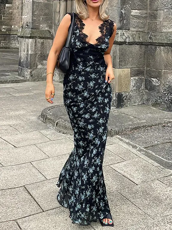 Black Floral Print Maxi Dress - NEWME