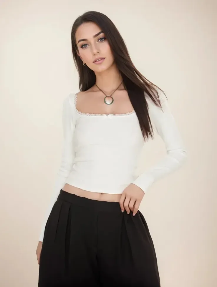Off White Lace Square Neck Top - Image 1
