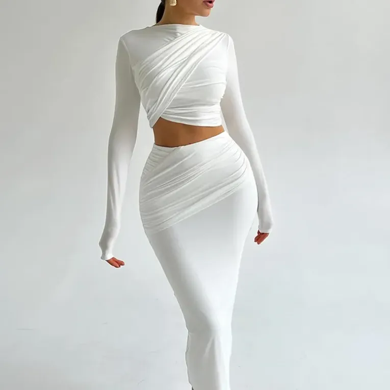 White Solid Draped Co Ord Set - Image 1