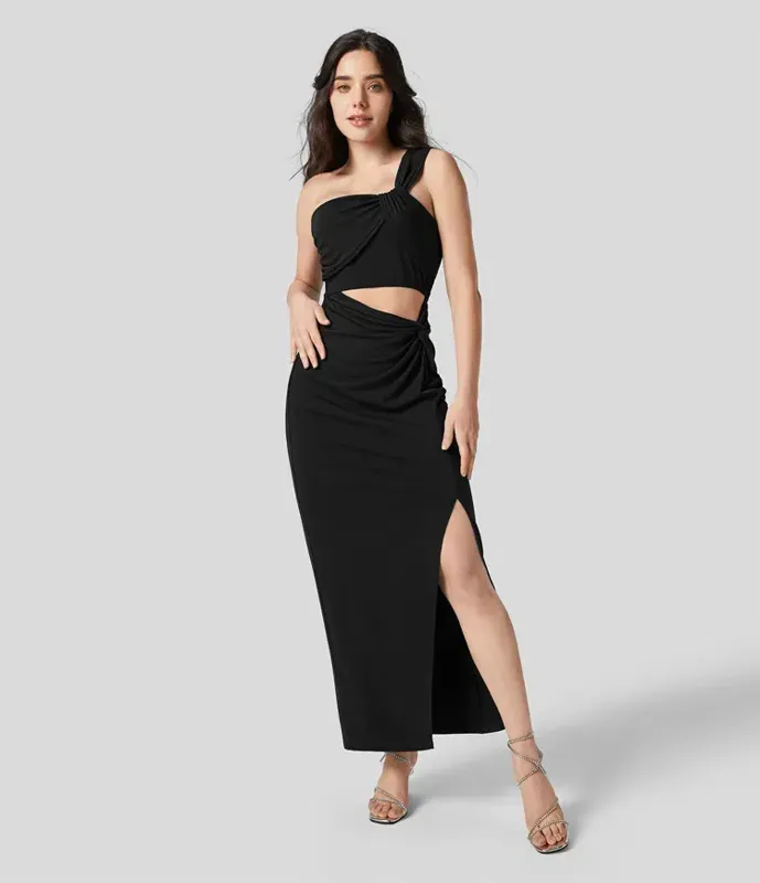 Black One Shoulder Cut Out Maxi Dress - Image 1