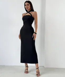 Black Halter Neck Midi Dress