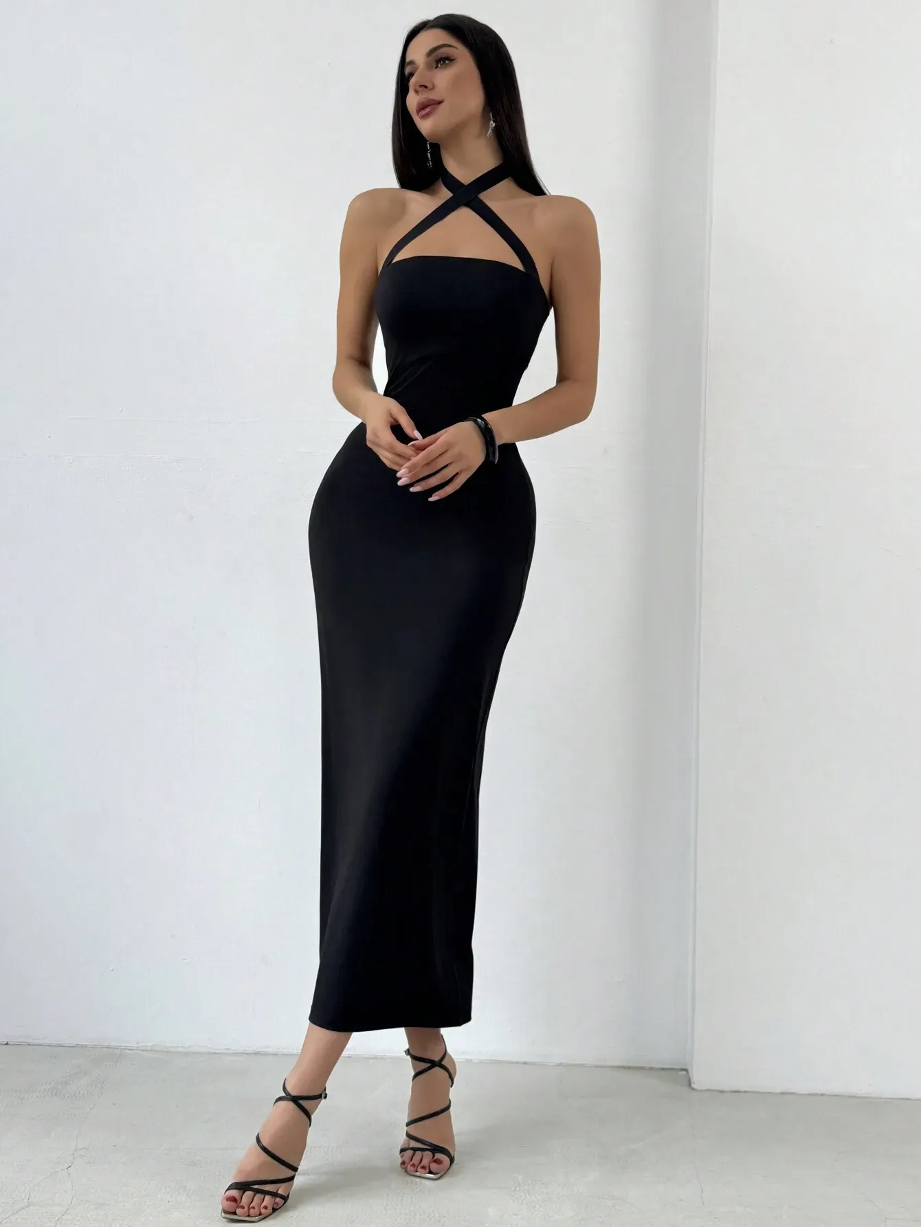 Black Halter Neck Midi Dress - Image 2