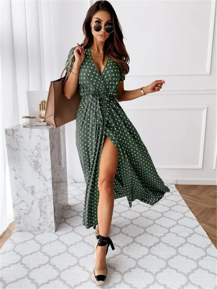 Olive Polka Dot Wrap Dress - Image 1