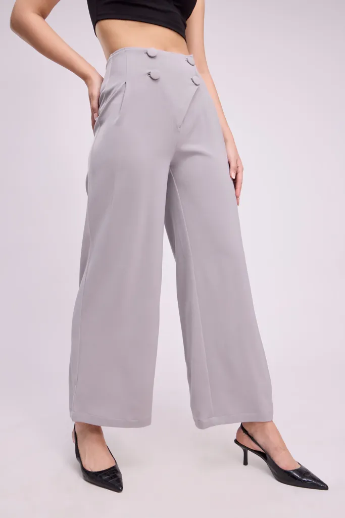 Light Grey Buttoned Flare Trousers - Image 1