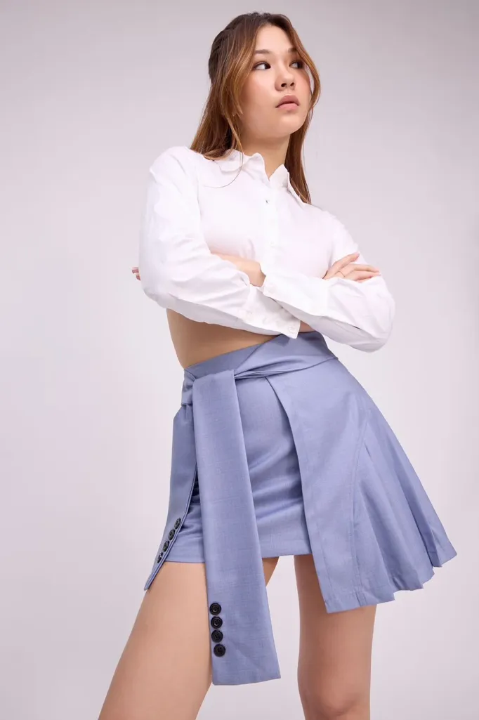 Grey Asymmetric Hem Buttoned Knot Skirt - Image 1