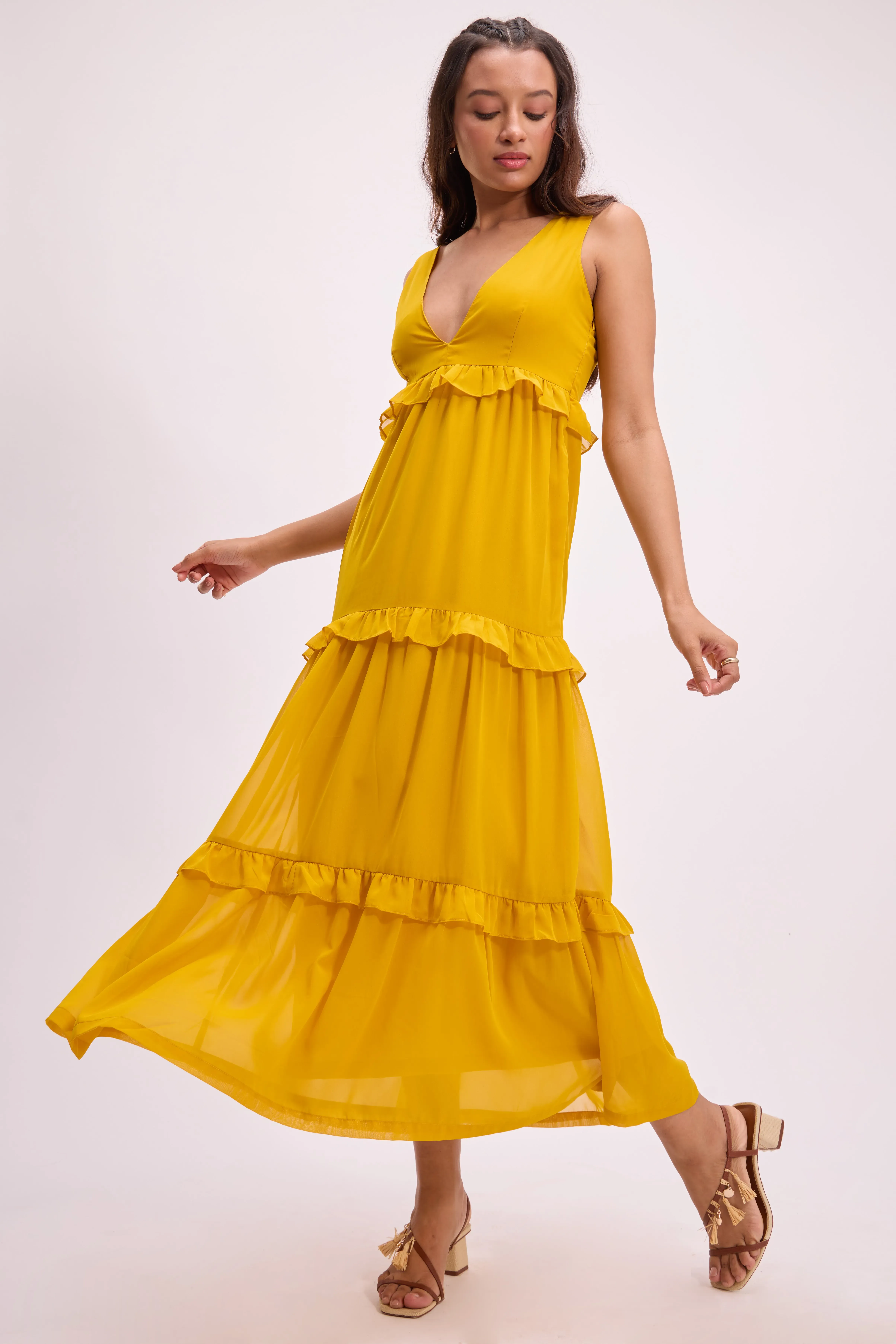 Yellow Ruffled Maxi Dress - NEWME