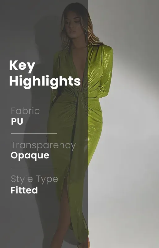 Green Metallic Plunging Neck Dress - NEWME