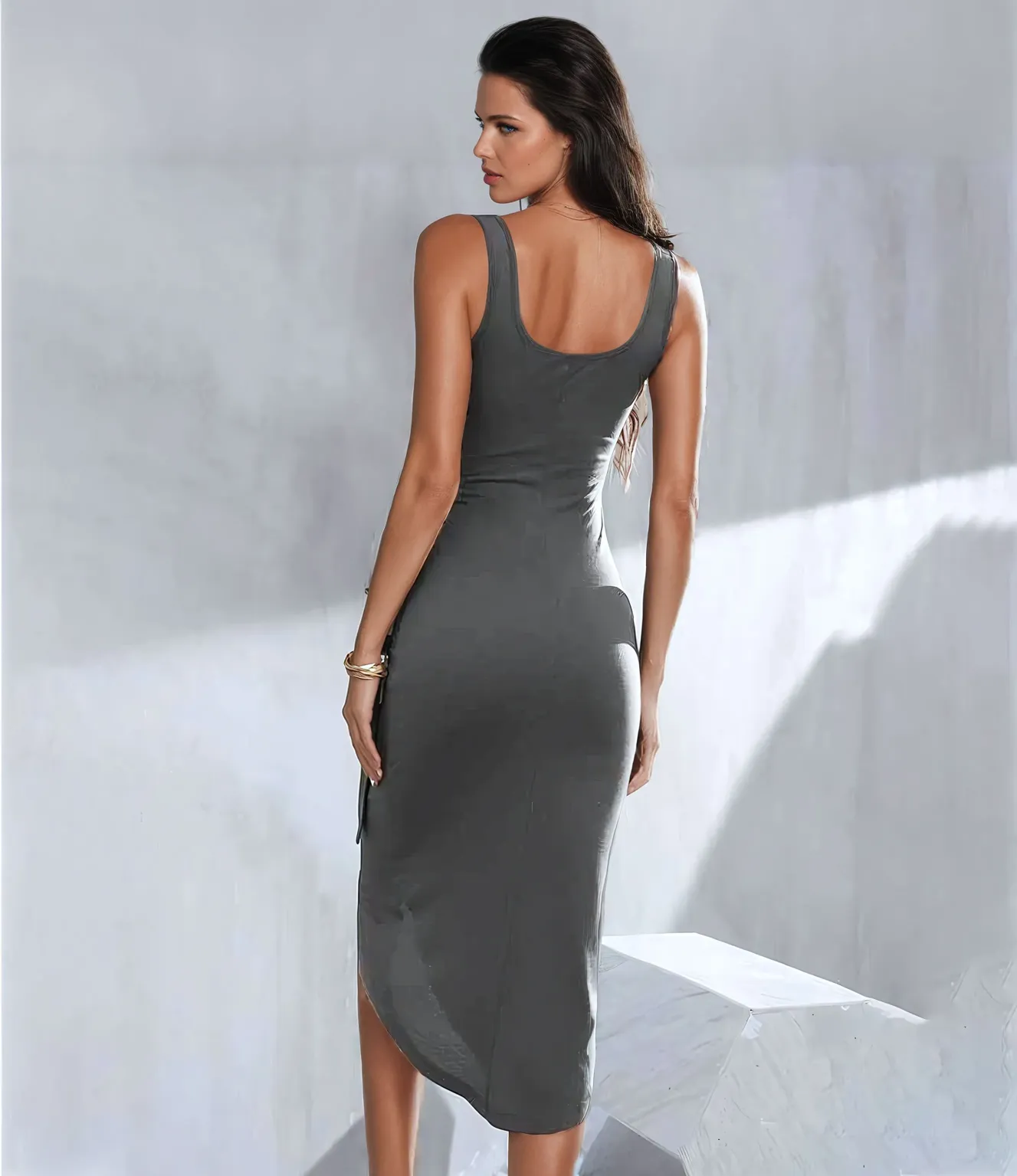 ★ DIAGONAL★ UNBALANCE SLIT KNIT DRESS charcoal DA243OP02C NM-PRC-143-DRS-24-APR-5177-