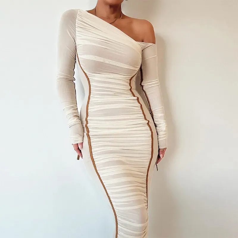 Cream Mesh Ruched Sleeveless Midi Dress main image 1