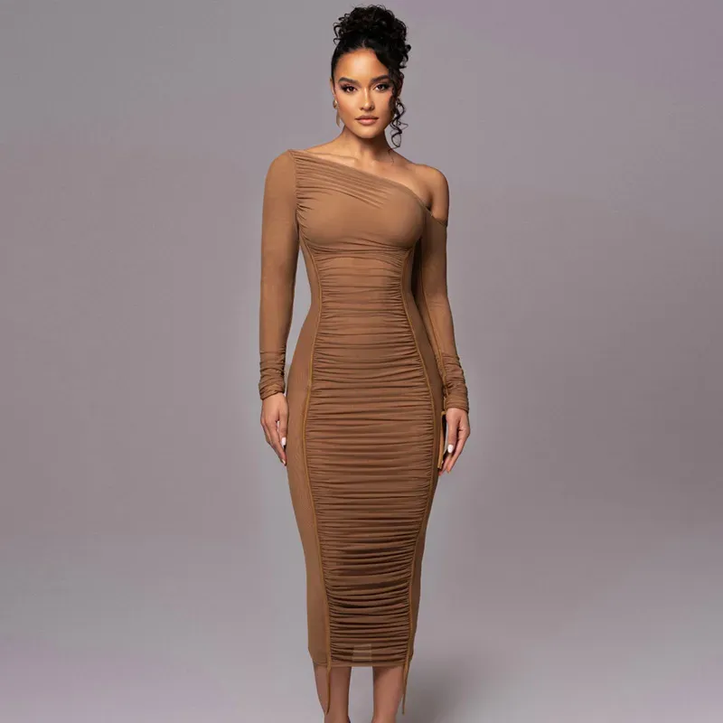 Brown One Shoulder Ruched Midi Dress - NEWME