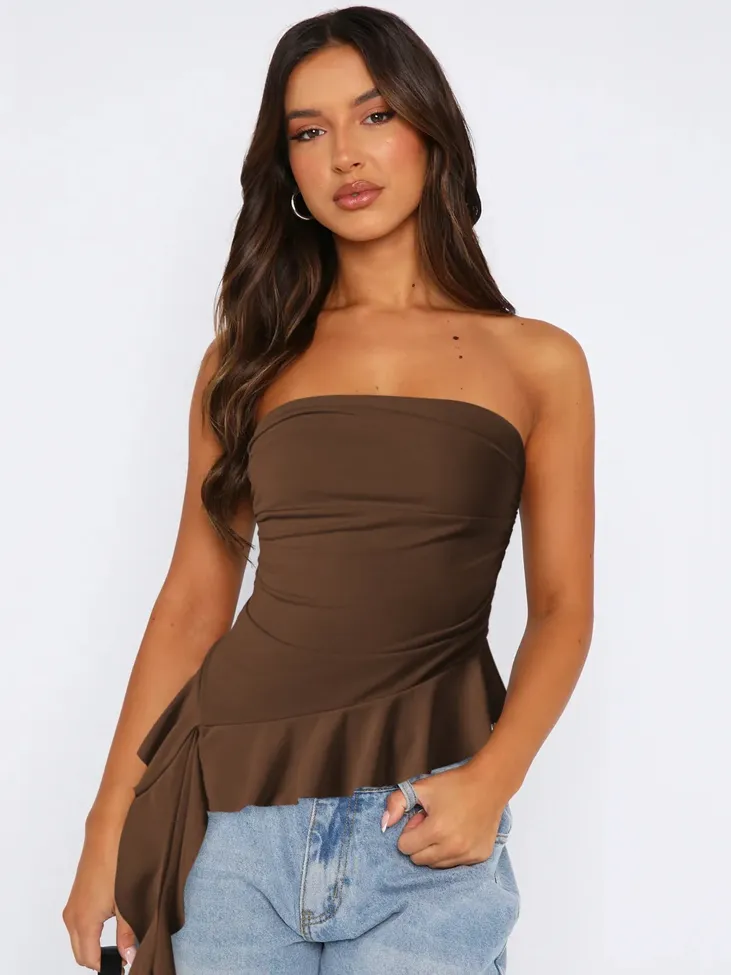 Dark Brown Flounce Detail Tube Top - Image 1