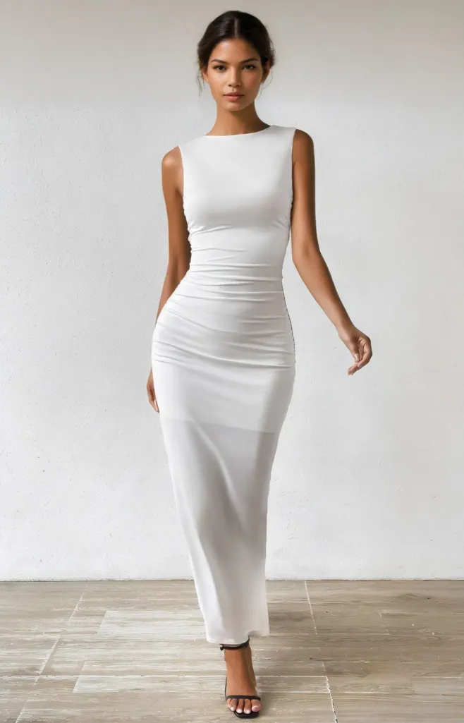 White Boat Neck Ruched Bodycon Dress