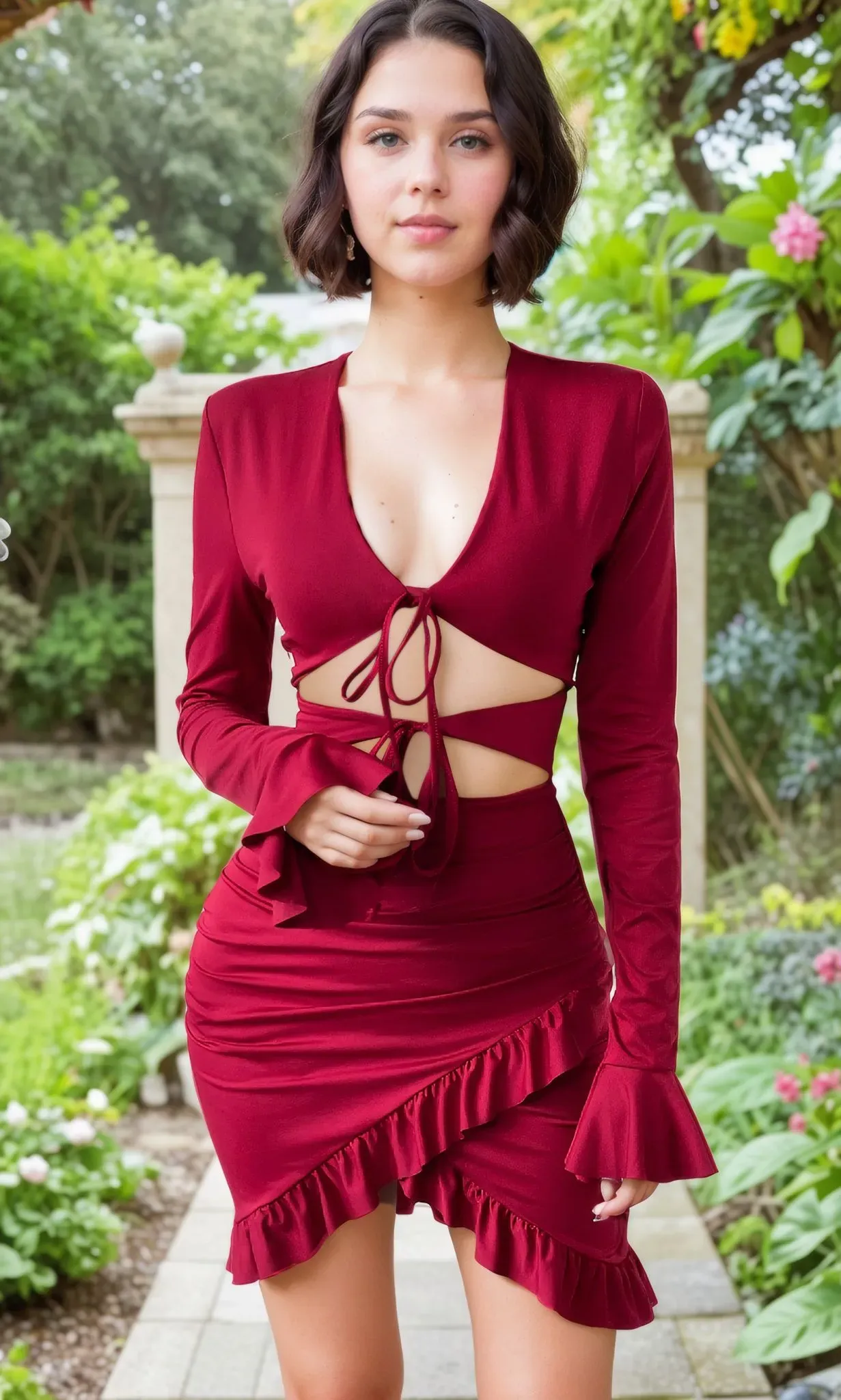 16721 Red Cutout Collar Ruffle Dress