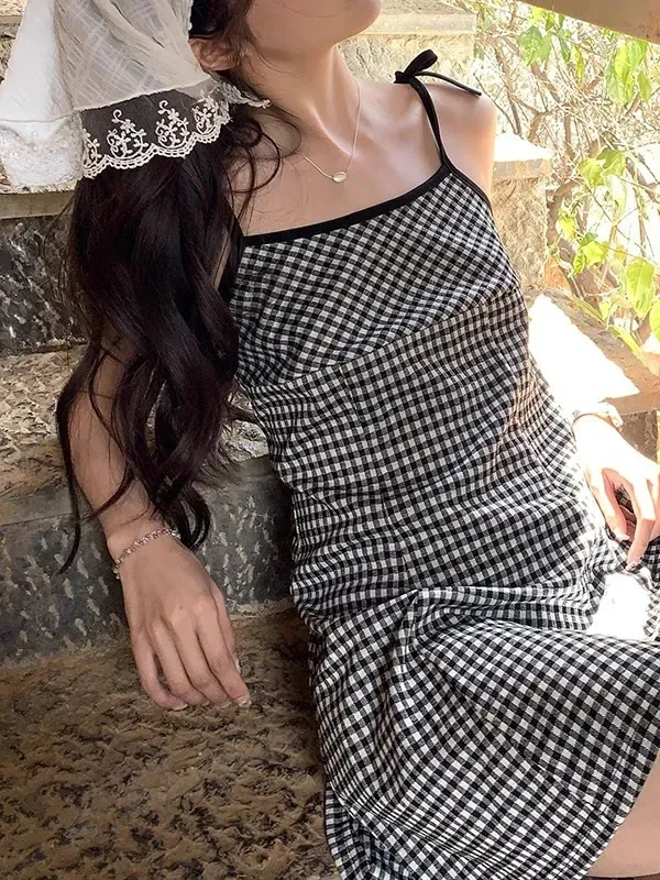 Black Gingham Line Mini Dress