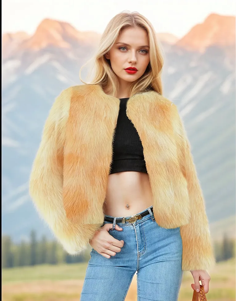 Open Front Faux Fur Crop Jacket - Image 1