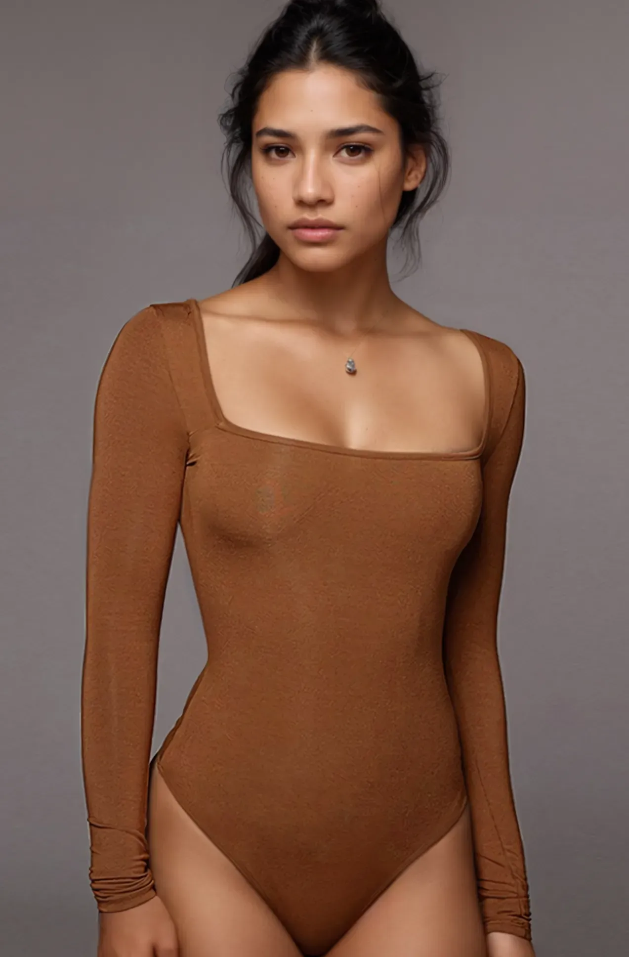 Brown Solid Full Sleeve Bodysuit