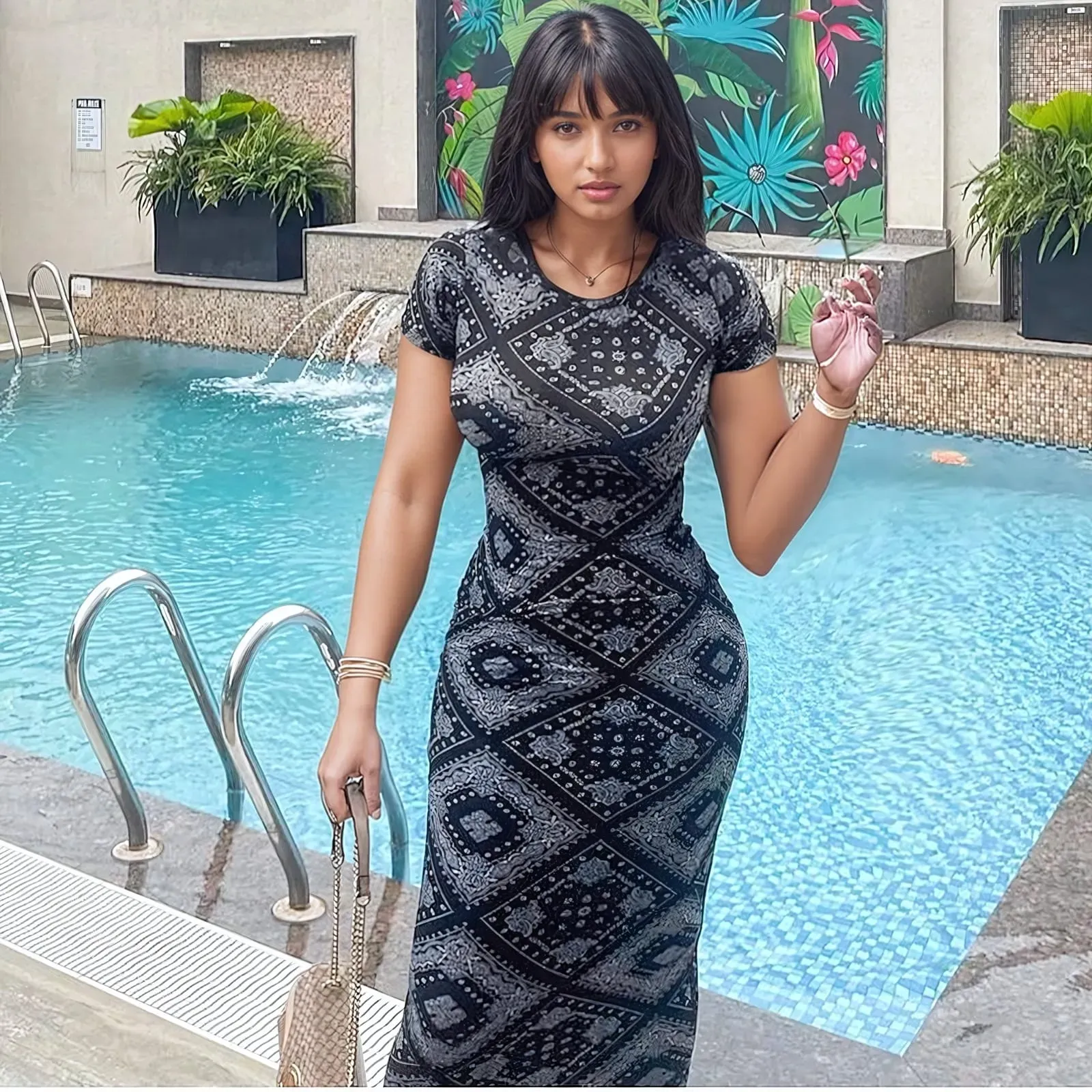 Black Scarf Print Bodycon Dress