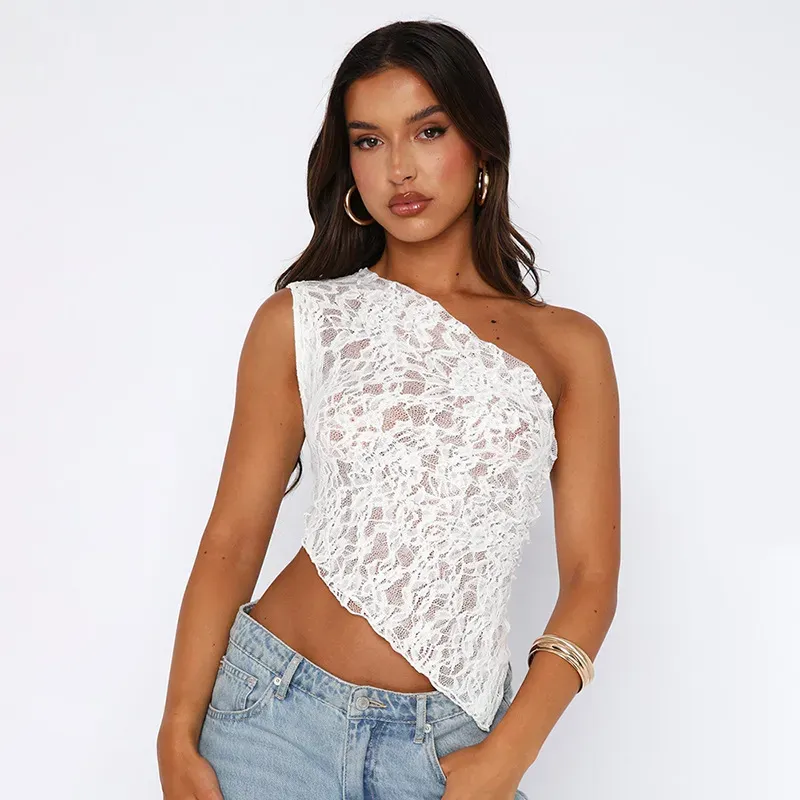 ★LARTIGENT★ L17 DOT ONESHOULDER TOPWHITE White Polka Dot One Shoulder Top Sleeveless Mesh | Ally Fashion