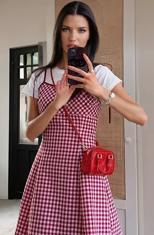 Red Gingham Line Mini Dress - NEWME