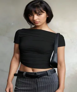Black Boat Neck Pleated Fitted Top - NEWME