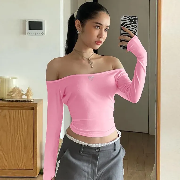 Pink Solid Off Shoulder Top - Image 1