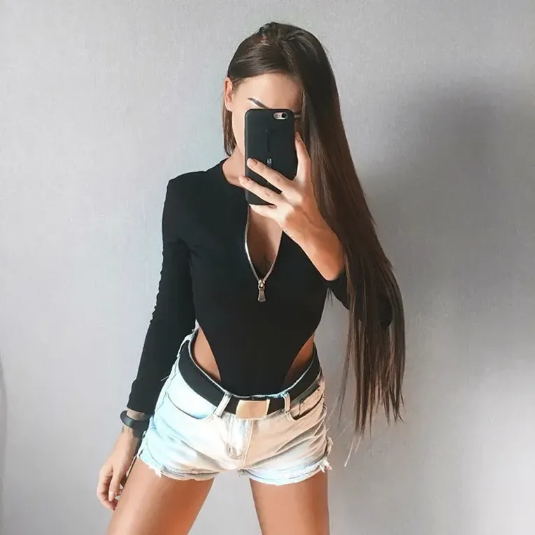 Black Solid Round Neck Bodysuit - Image 1
