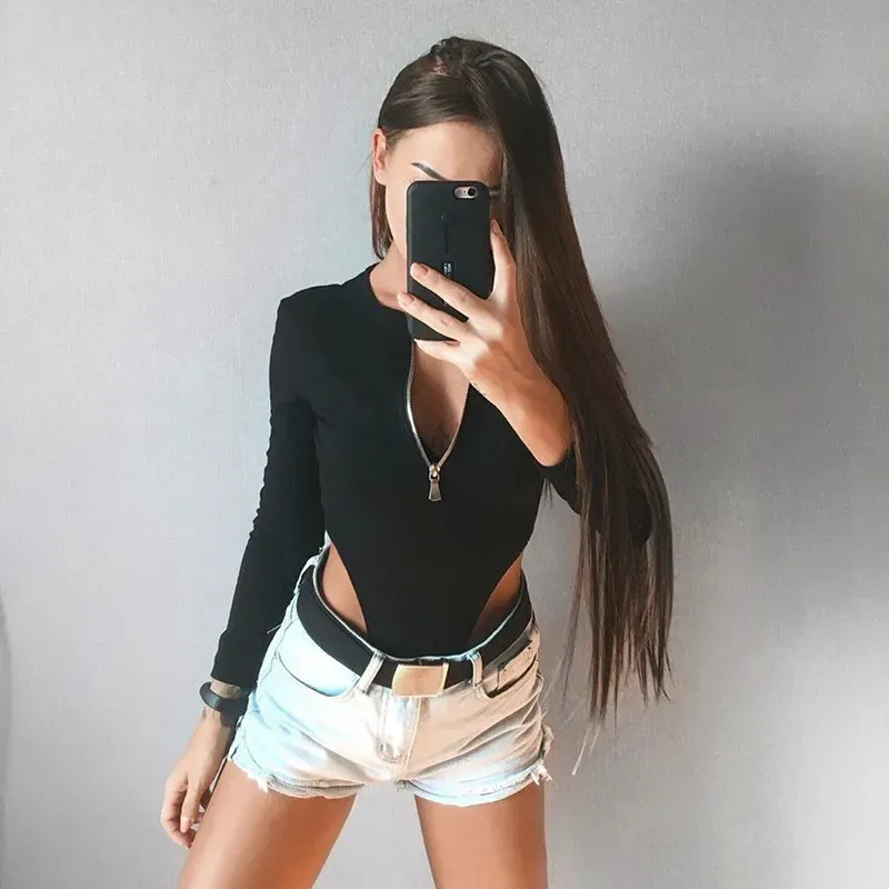 Black Solid Round Neck Bodysuit