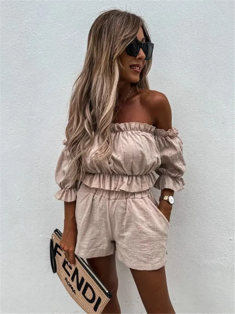Beige Off Shoulder Ruffle Co Ord Set - NEWME