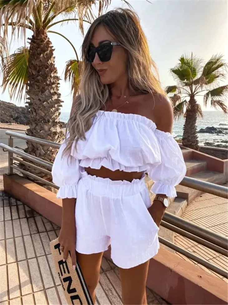 White Off Shoulder Ruffle Co Ord Set - Image 1