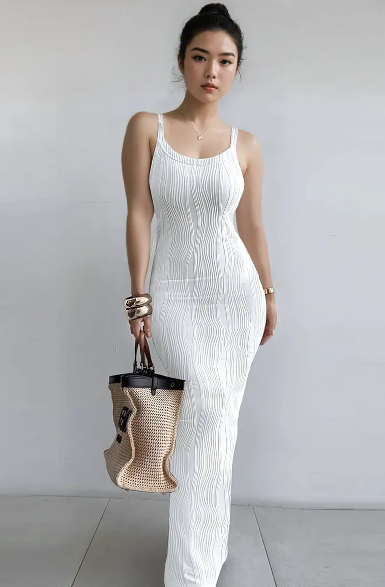 White Textured Bodycon Maxi Dress - Image 1