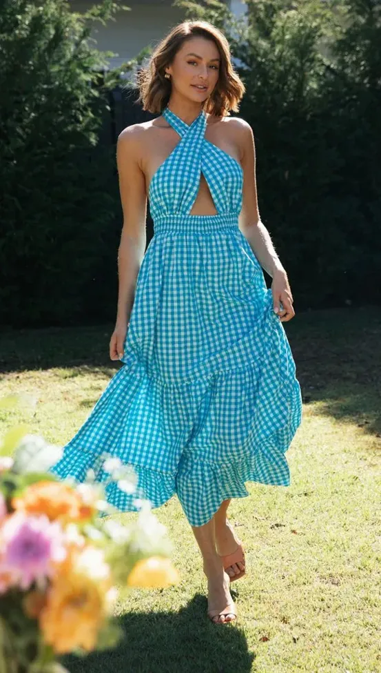 ヌキテパ Shantung Check Tiered Dress ヌキテパ Shantung Check Tiered Dress