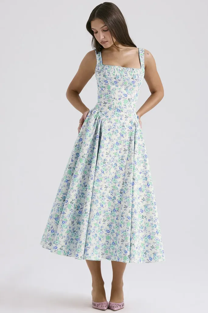 Green Floral Flared Midi Dress - Image 1