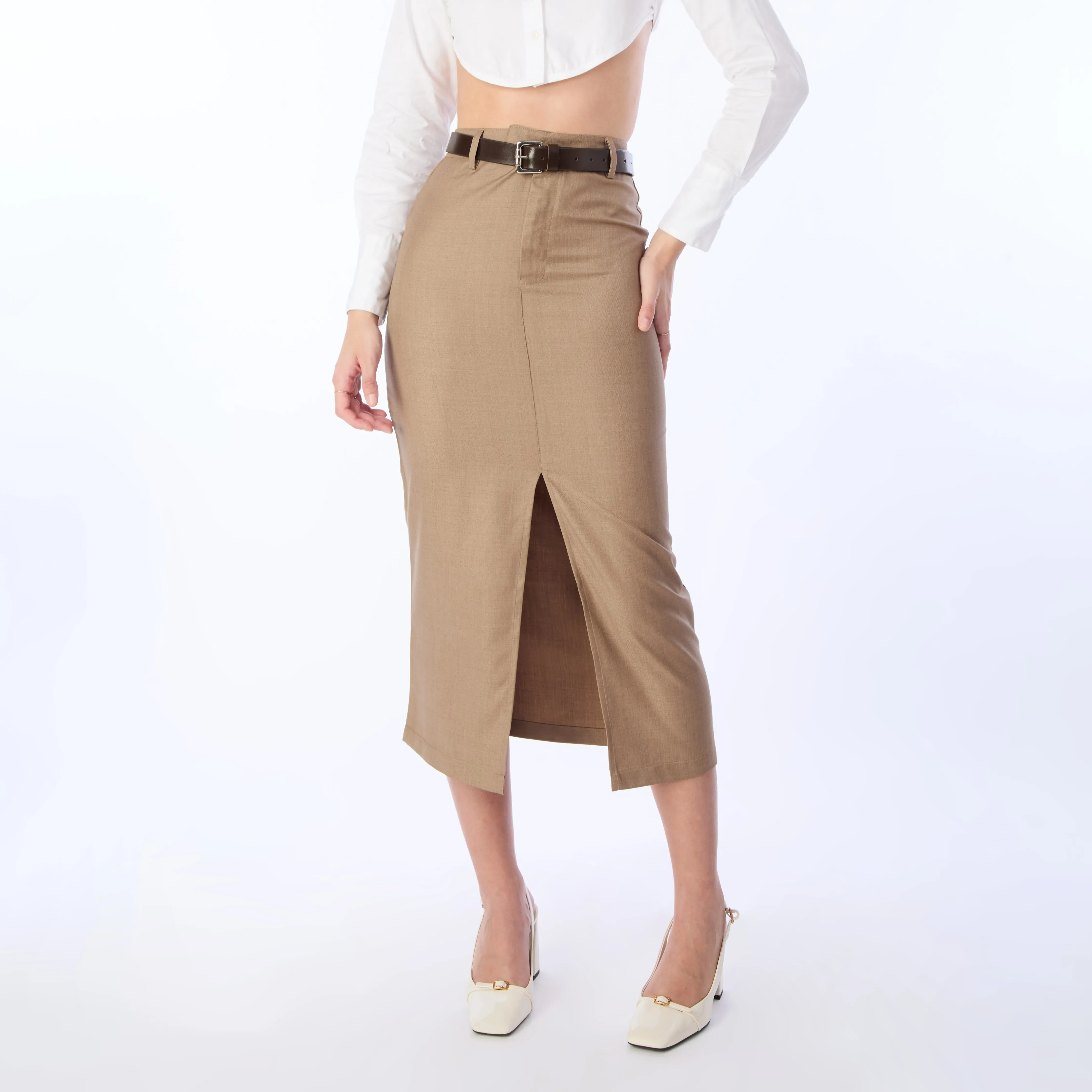 Light Brown Straight Skirt With Front Slit